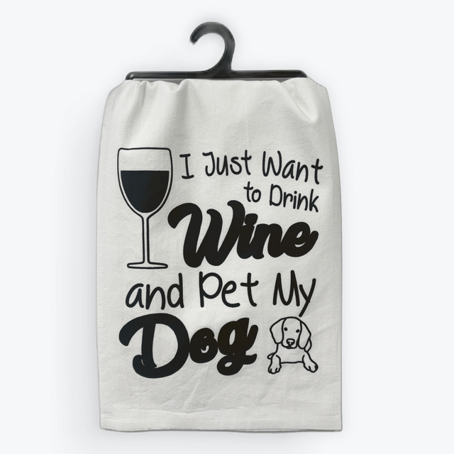 Funny dog & wine towel, Pet My Dog design, 100% cotton, eco-friendly