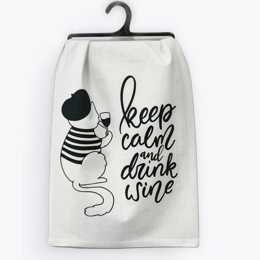 Funny wine towel, Keep Calm and Drink Wine design, 100% cotton, eco-friendly.