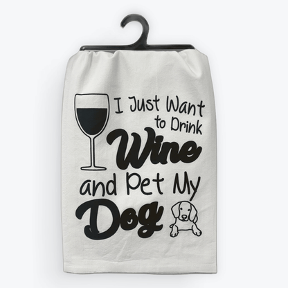 Funny dog & wine towel, Pet My Dog design, 100% cotton, eco-friendly