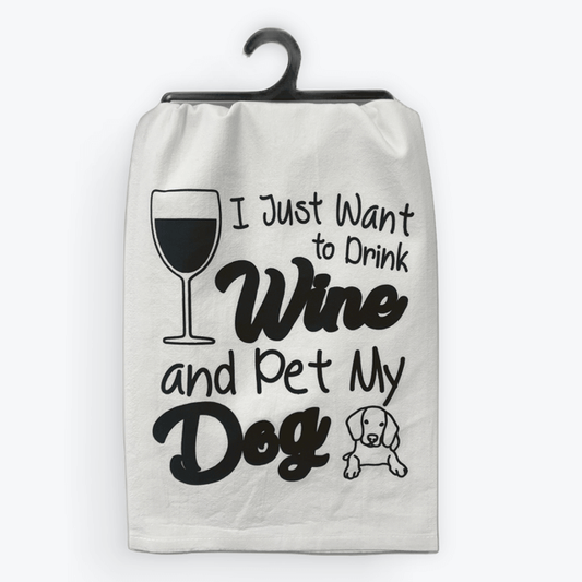 Funny dog & wine towel, Pet My Dog design, 100% cotton, eco-friendly